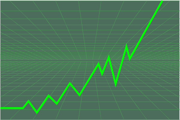 The image shows a graph with an upward trending line representing growth over time against a grid background that suggests it's tracking something like stock prices or sales data in real-time mode.