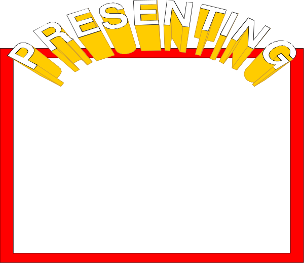 The image shows a presentation slide with text that reads "Presenting" at the top of it on a red background within an orange border.