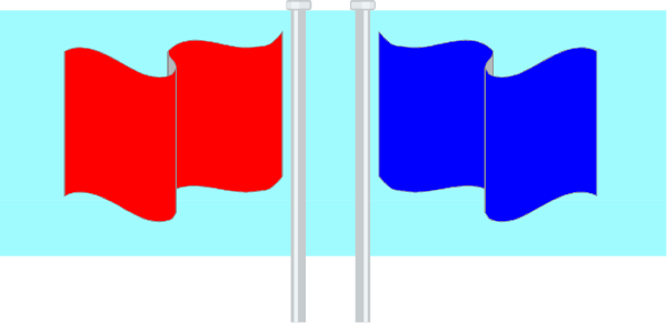 The image shows a red flag on top of two blue flags with white stripes against a gray background.