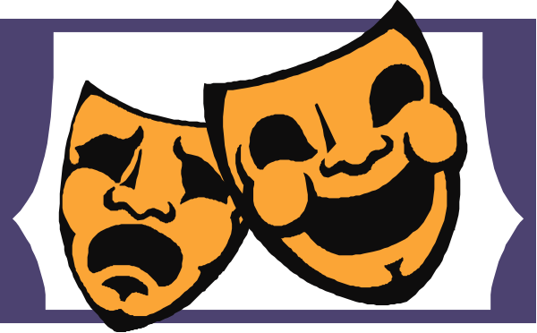 The image shows a purple banner with two theater masks on it: an orange mask to its left representing tragedy and a white one to its right for comedy.