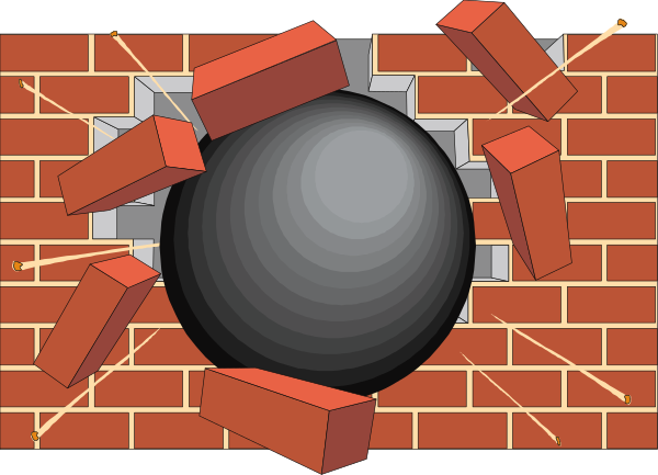 The image shows a brick wall with several bricks missing to reveal an explosion inside it; there is no text present on this clip-art illustration.