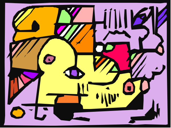 The image shows a colorful cartoon of an abstract character with various shapes around it on what appears to be a purple background.