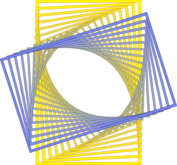 The image shows a black background with geometric shapes: two blue rectangles on top of each other forming an L shape; three yellow squares arranged in descending order from left to right at bottom center; one large white circle overlapping all four corners, creating a diamond-like pattern around it and the smaller circles.