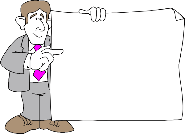 The cartoon shows two men standing on a stage with microphones; behind them is an oversized blank sign that looks like it's being held up by one of their hands pointing at it from below.