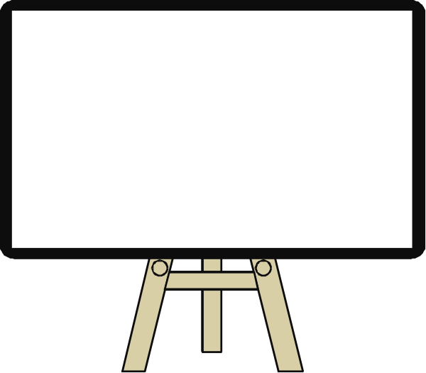 The image shows a blank whiteboard with an easel placed on top of it next to a black table against a beige background.