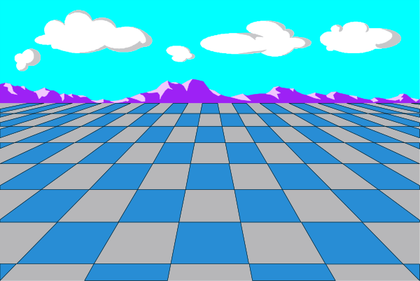 The image shows a checkered floor with clouds above it that have mountains beneath them.