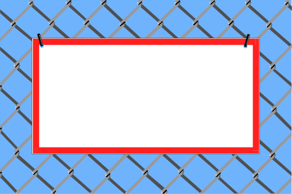 The image shows a wire mesh fence with red lines drawn on it to create an illusion of depth; behind this is another layer that appears as blue water due to perspective distortion from above viewpoint.
