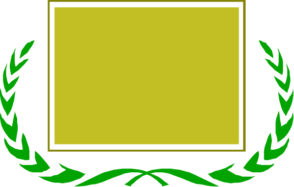 The image shows a yellow square with laurel leaves on either side at its corners inside an outline of what appears to be a shield-like shape within another larger rectangle that has two green leafy branches extending from it, all set against a gray background.