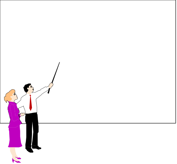 The image shows a black and white cartoon of three individuals standing on stage with their backs to each other; two adults appear to be presenting something while one child is holding up an object that looks like a microphone, suggesting some sort of presentation or performance taking place in front of them.