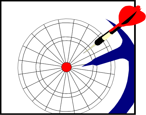 The image shows a darts game with an arrow pointing at a bullseye on a target board; there is also a red dot in motion near the center of the circle where it would hit if thrown accurately, and to its right stands a cartoon character resembling Robin Hood aiming his bow.