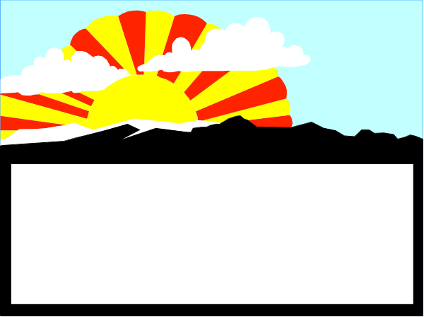 The image shows a cartoon sunset with an orange hue over mountains under a blue sky dotted with white clouds; there is also a small window on top left corner of what appears to be a building, and it's daytime outside due to sunlight streaming in from above the frame.