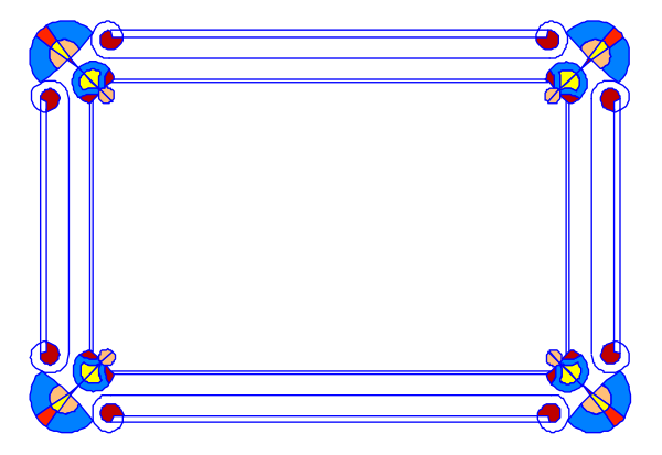 The image shows a stained glass window with intricate designs featuring geometric shapes such as rectangles and squares arranged to create patterns within an overall square frame.