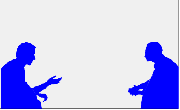 The image shows a black silhouette of two figures standing on either side with their backs to each other against a white background; one figure is holding an object that appears to be a phone in front of them, and there's no text present within this small clip-art illustration.