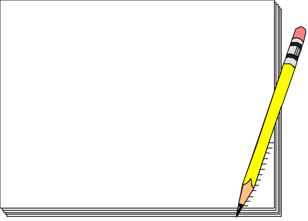The image shows a pencil on top of an open notebook with lined paper inside it, placed next to what appears to be a blank piece of paper that has been marked as "notebook" in red ink at one end and is partially obscured by another object or surface below it.