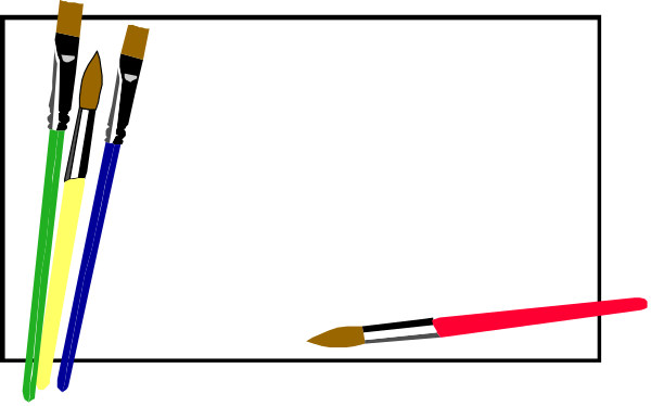 The image shows a cartoon of an artist's desk with various drawing tools such as pencils, paintbrushes, scissors, erasers, colored markers, crayons, and other supplies scattered across it in front of what appears to be a blank canvas or paper.