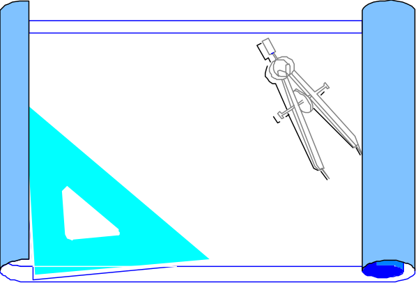 The image shows a cartoon of an office cubicle with various items on it: there's a ruler lying flat in front; to its right is a small model airplane hanging from what appears to be a string, and above that hangs another object resembling a compass or protractor. To the left side of this setup are two pieces of paper taped together with an arrow pointing at them. The background features blue lines suggesting walls in either direction beyond the cubicle's confines; there is also what looks like a small, simple drawing on one wall that re