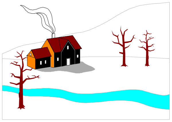 The image shows a black and white illustration of an old house with snow on its roof next to two bare trees by water in wintertime; there is no text present within this small clip-art image.