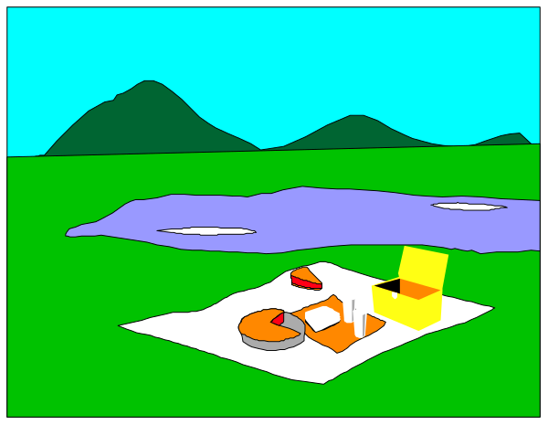The image shows a cartoon depiction of an outdoor scene with two characters standing near each other on what appears to be grassy ground next to water; one character is holding up their hand as if waving, and there's another figure in front that seems like it could represent something floating or flying. In the background, we can see a body of calm blue-green waters with small ripples reflecting light, mountains on either side under clear skies, and trees along one edge; above this scene is an open sky without any clouds visible. The style suggests simplicity in design but attention