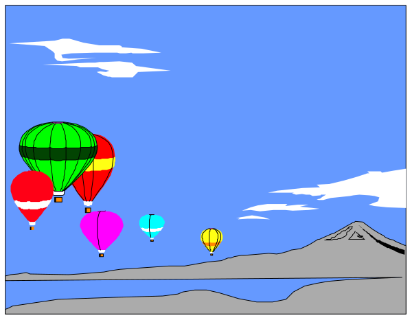 The image shows a cartoon of hot air balloons flying over an ocean with mountains on horizon under blue sky during daytime.