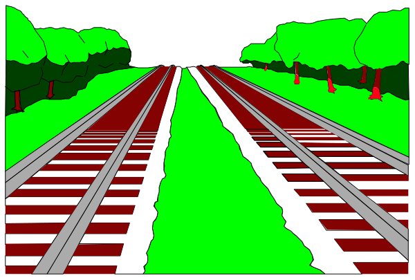 The image shows a black and white illustration of an empty train track with two sets of tracks crossing each other at night under clear skies; there is no text present in this clip-art piece.