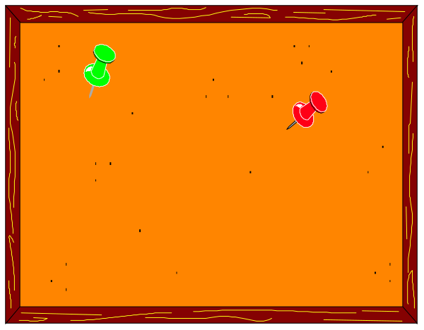 The image shows a simple scene with two cartoonish red apples on an orange background inside what appears to be a brown wooden frame within another larger rectangle that has no contents visible in it; there is also one small green apple near the bottom right corner of this inner space, and above them are three white dots.