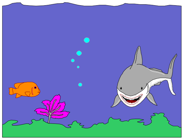 The image shows a cartoon depiction of an underwater scene with two sharks swimming near each other; to their left is a fish tank containing one orange fish next to purple coral on the bottom right corner, and in front of them floats blue bubbles that resemble air or oxygen.