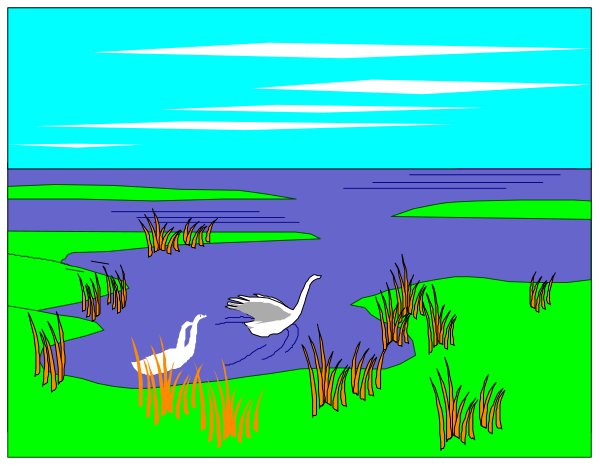 The picture shows a serene landscape with waterfowl near reeds at sunset; there is no text present in this image.