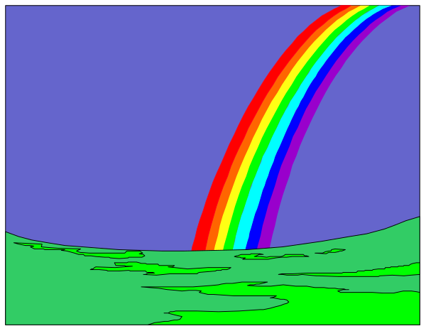 The picture shows a rainbow arching over an ocean with two windows on either side of it; there is no text present in this image.