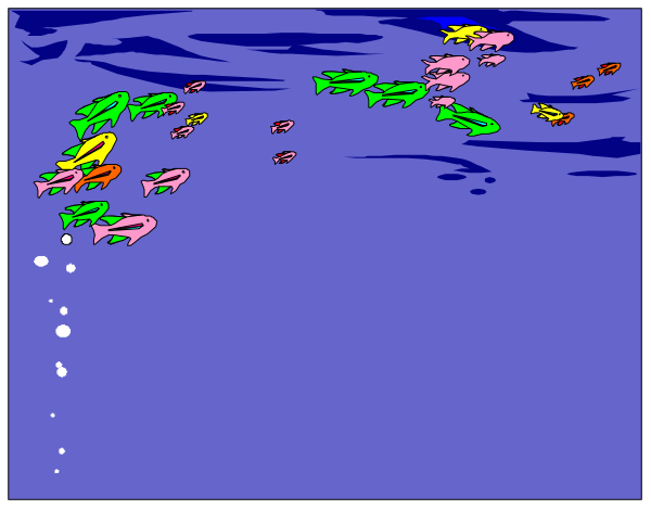 The image shows a colorful scene of fish swimming underwater with bubbles rising to the surface above them; it's set in an aquarium environment where one can see various types of tropical marine life including sharks, dolphins and other sea creatures.