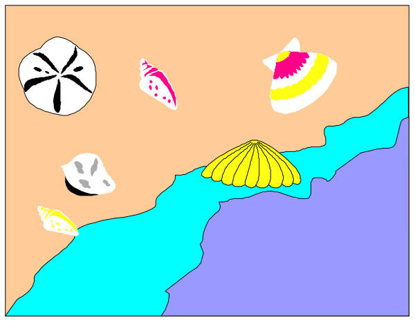 The picture shows a cartoon depiction of an underwater scene with various sea creatures such as fish, shells, coral reefs, and other marine life against a backdrop that appears to be land in shades of brown and green.