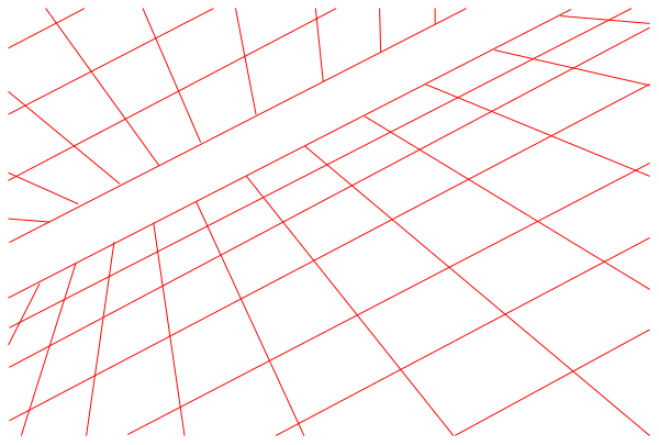 The image shows a black background with red lines creating an optical illusion of depth; it is set against gray walls on either side.