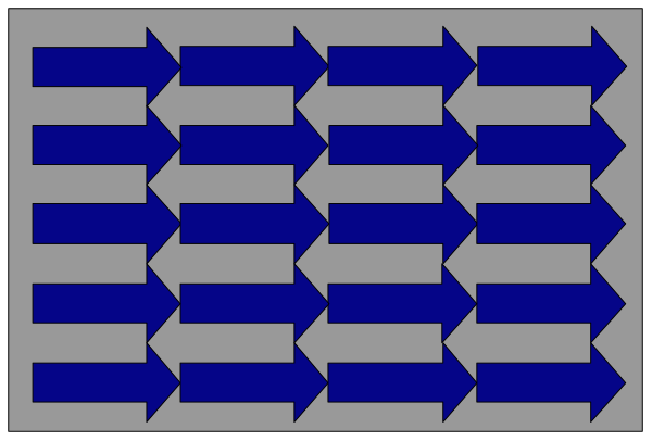 The image shows a gray arrow pointing to an open door with blue arrows inside it on either side of the doorway.