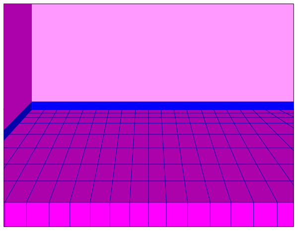 The image shows a purple room with tiled walls that has an open door leading to another space which is blue-toned; there's no visible activity in either area.