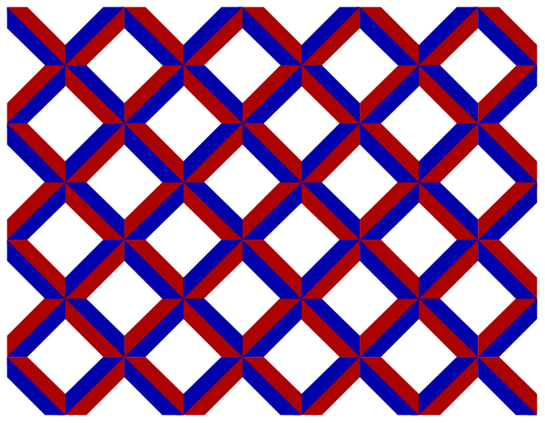 The image shows a pattern of red and blue shapes that resemble flowers arranged on what appears to be black background with white borders framing it like an artwork piece.