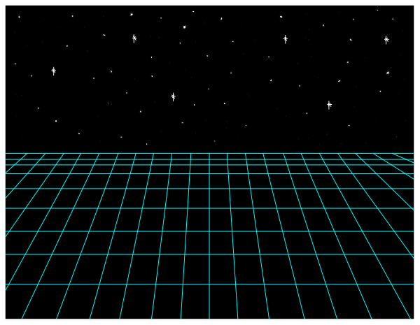 The image shows a dark space with neon green grid lines on the floor that resemble an 80s retro-futuristic aesthetic; there is no visible text in this small clip-art version of what appears to be a larger scene, possibly from a video game or movie set. There are two stars at top left and right corners against dark sky background with black space between them that could represent the nighttime view outside an airlock door on another planet; there is no visible text in this small clip-art version of what appears to be a larger scene, possibly from a