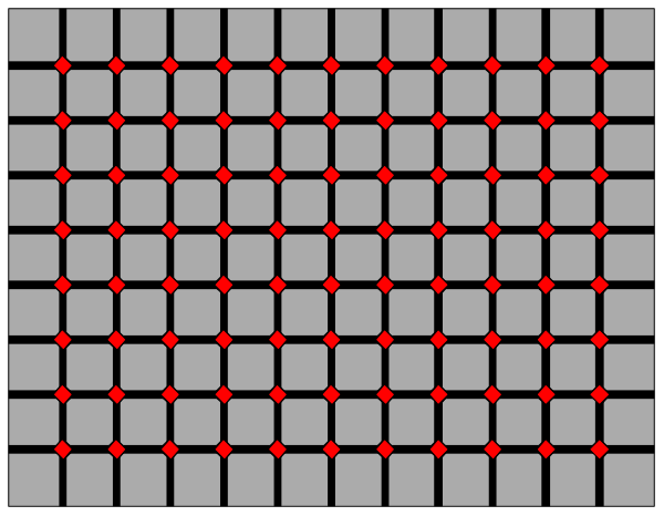 The image shows a black and white grid with red dots forming an abstract pattern on it.