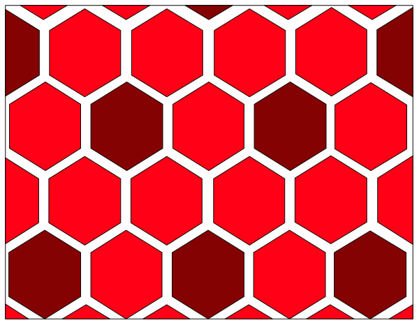 The image shows a red honeycomb pattern with white hexagons on it against an off-white background.