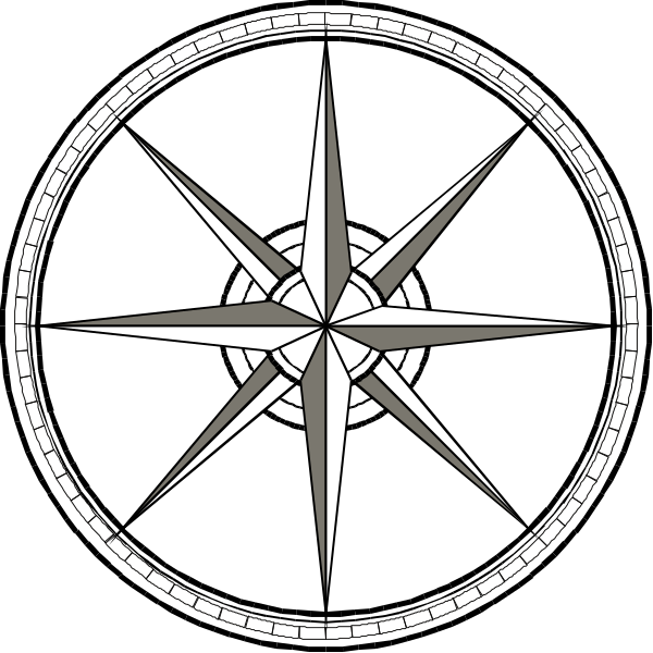 The black and white illustration shows a compass rose with two different styles of design: on top is an intricate circular pattern featuring multiple concentric circles that create a star-like shape at its center; below it, there's another simpler representation in which only one circle forms around the same central point.