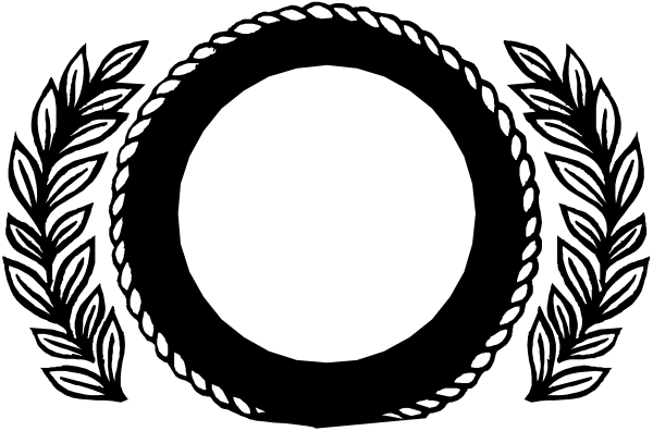 The black and white illustration features a wreath with laurel leaves surrounding an oval shape that resembles a moon in its waxing phase on top of what appears to be a circular band, possibly representing a ring or halo.
