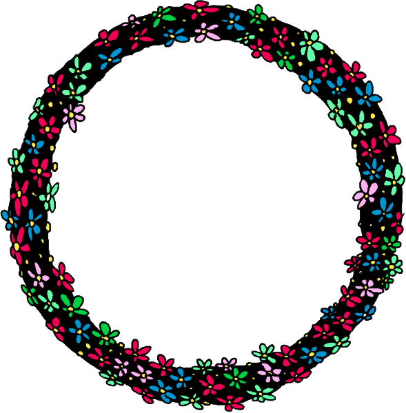 The image shows a circular wreath with floral designs on it against two different backgrounds: black for half of its circumference and white for another quarter.