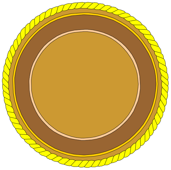 The image shows two circular badges with a rope border around them against a black background; each has an inner circle that is gold in color and features concentric circles of varying shades from light to dark brown, creating a gradient effect on both sides.