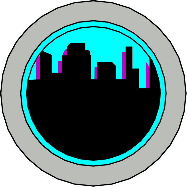 The image shows a black circle with two smaller circles inside it on top of each other; within these inner circles is an illustration that resembles a city skyline at night against a dark background.