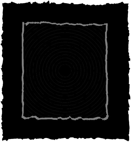 The image shows a black square with white lines forming an abstract pattern inside it against a dark background on the left side of the frame; there is also another smaller inset picture within this larger one that appears to be a torn paper effect, and below these images, two horizontal stripes are visible at the bottom.