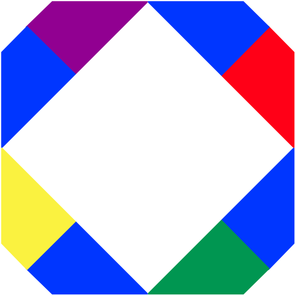 The image shows two geometric shapes resembling puzzle pieces with a white background; each piece has multiple colored sections: red, blue, yellow, green, purple, orange, pink, black, gray, brown, and tan in various sizes within their borders.