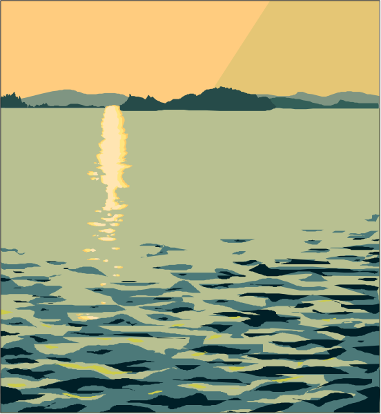 The picture shows a serene scene of an evening sunset over calm water with mountains on the horizon under clear skies.
