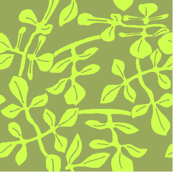 The image shows a pattern of green leaves on a light background with an intricate design that resembles plant life.