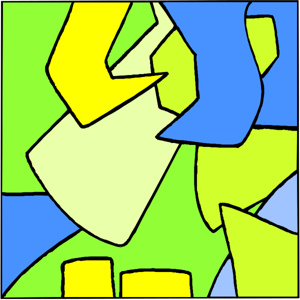 The image shows a colorful abstract design with various shapes that resemble puzzle pieces interconnected to form an intricate pattern against different colored backgrounds; it is divided into two sections by a vertical line in the middle, each section featuring similar patterns but on contrasting colors of green and yellow-blue.