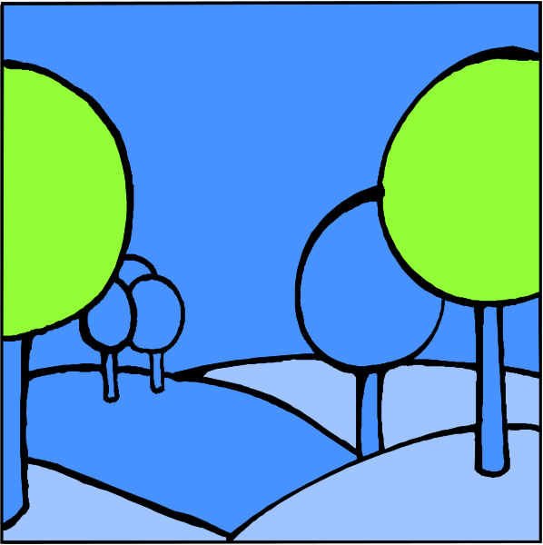 The image shows a cartoon of two trees with green leaves on either side of what appears to be an animal standing between them in front of a blue sky background.