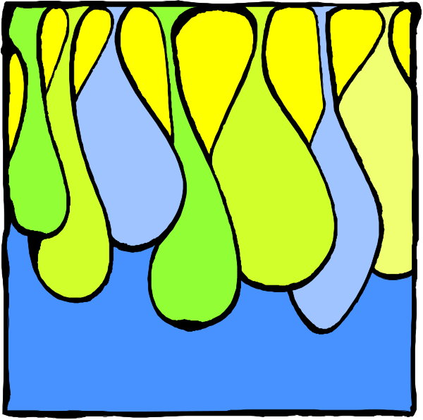 The image shows a colorful abstract design with various shapes that resemble leaves falling from an unseen tree onto what appears to be water below.