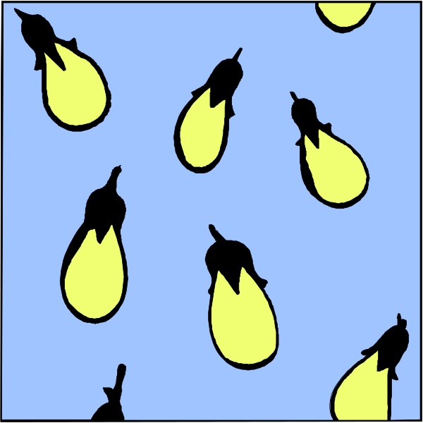 The image shows a blue background with six yellow bananas falling from above against an unseen backdrop.